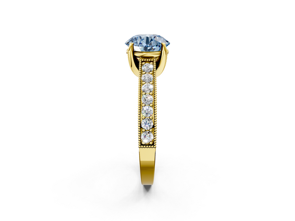 Yellow gold Fancy Blue Round  Cut Diamond Solitaire Ring with Milgrain Pave Band and Four Prong Setting