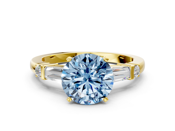 Yellow gold Fancy Blue Round  Cut Diamond Ring with Baguette Side Stones, Channel Set Band, and Four-Prong Setting