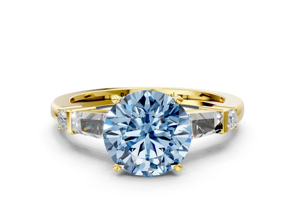 Yellow gold Fancy Blue Round  Cut Diamond Ring with Baguette Side Stones, Channel Set Band, and Four-Prong Setting