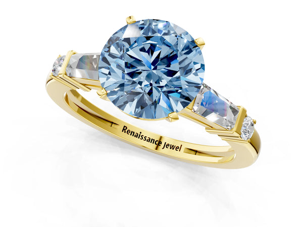 Yellow gold Fancy Blue Round  Cut Diamond Ring with Baguette Side Stones, Channel Set Band, and Four-Prong Setting