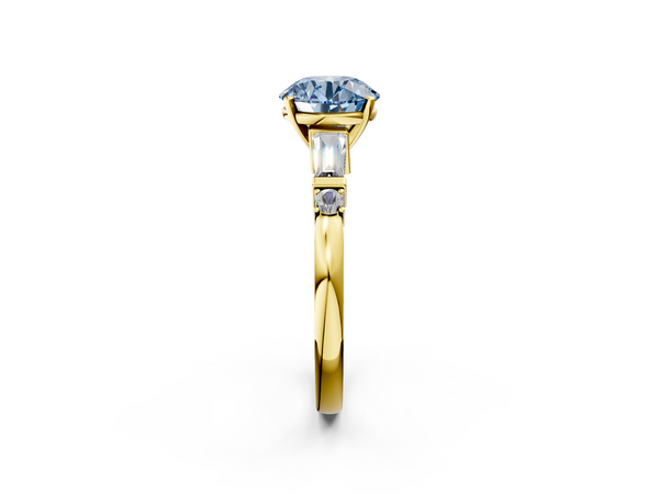 Yellow gold Fancy Blue Round  Cut Diamond Ring with Baguette Side Stones, Channel Set Band, and Four-Prong Setting