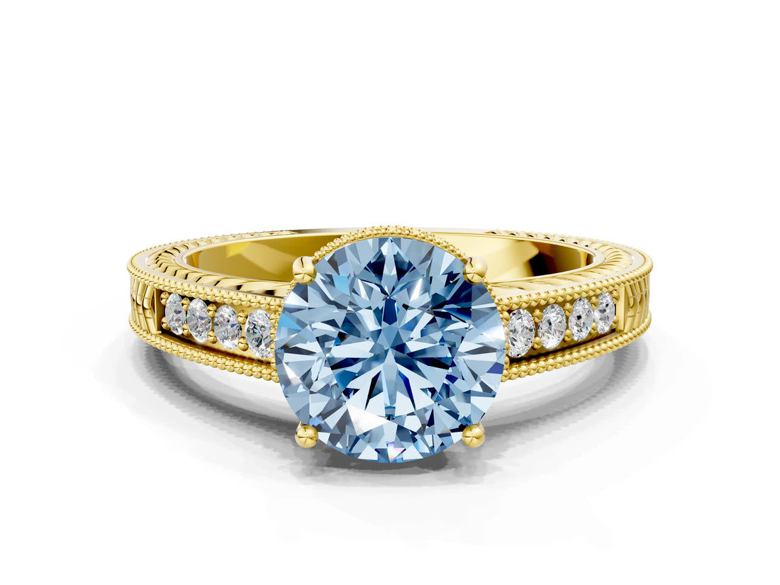 Yellow gold Fancy Blue Round Cut Diamond Ring with Milgrain Pavé Band and Four-Prong Setting_20