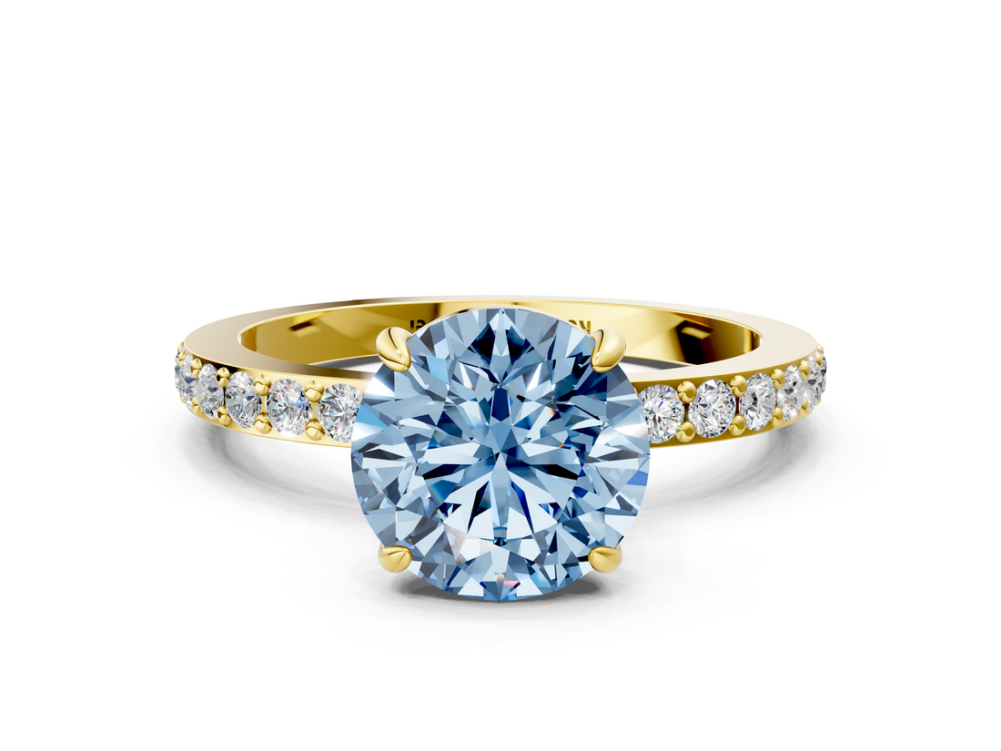 Yellow gold Fancy Blue Round  Cut Diamond Ring with Pavé Band and Four-Prong Setting_70