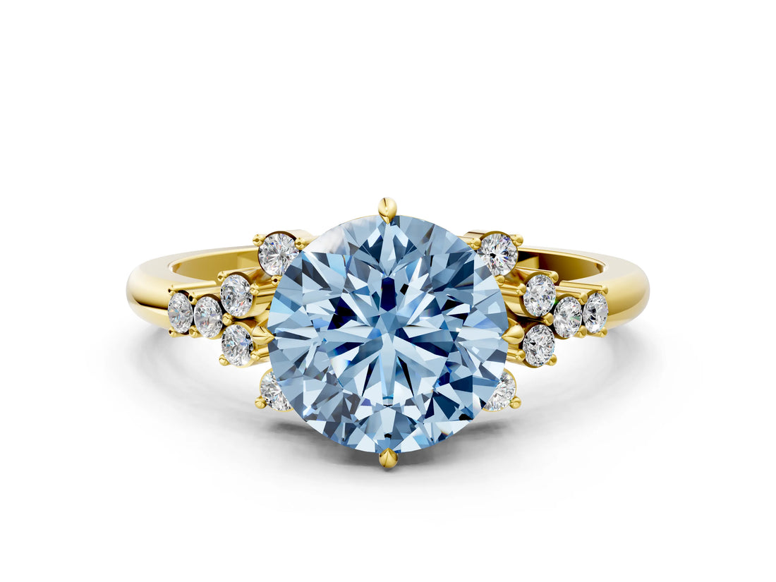 Yellow gold Fancy Blue Round Cut Diamond Ring with Side Stones and Four-Prong Setting_95