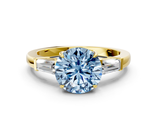 Yellow gold Fancy Blue Round  Cut Diamond Ring with Tapered Baguette Side Stones in Four-Prong Setting