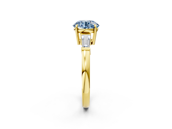 Yellow gold Fancy Blue Round  Cut Diamond Ring with Tapered Baguette Side Stones in Four-Prong Setting