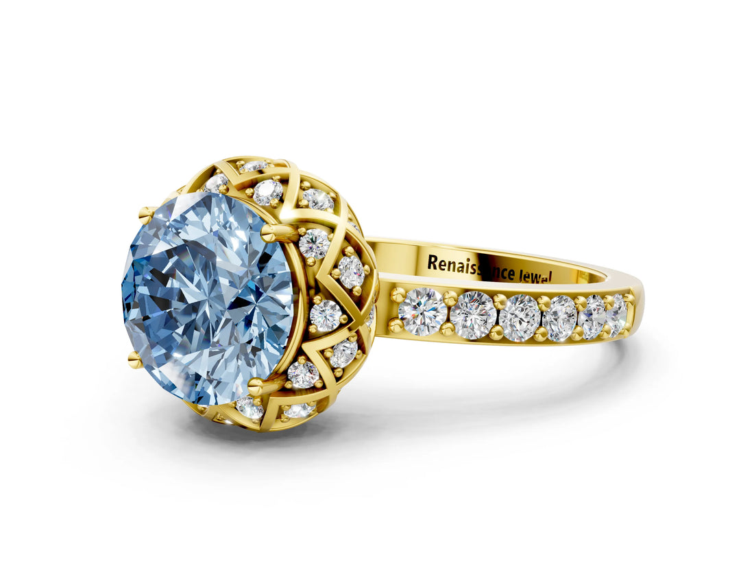 Yellow gold Fancy Blue Round Cut Diamond Scalloped Halo Engagement Ring with Round Shared Prong Band_12