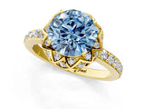 Yellow gold Fancy Blue Round Cut Diamond Scalloped Halo Engagement Ring with Round Shared Prong Band_13