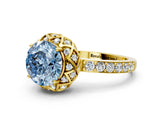 Yellow gold Fancy Blue Round Cut Diamond Scalloped Halo Engagement Ring with Round Shared Prong Band_24