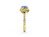 Yellow gold Fancy Blue Round Cut Diamond Scalloped Halo Engagement Ring with Round Shared Prong Band_26
