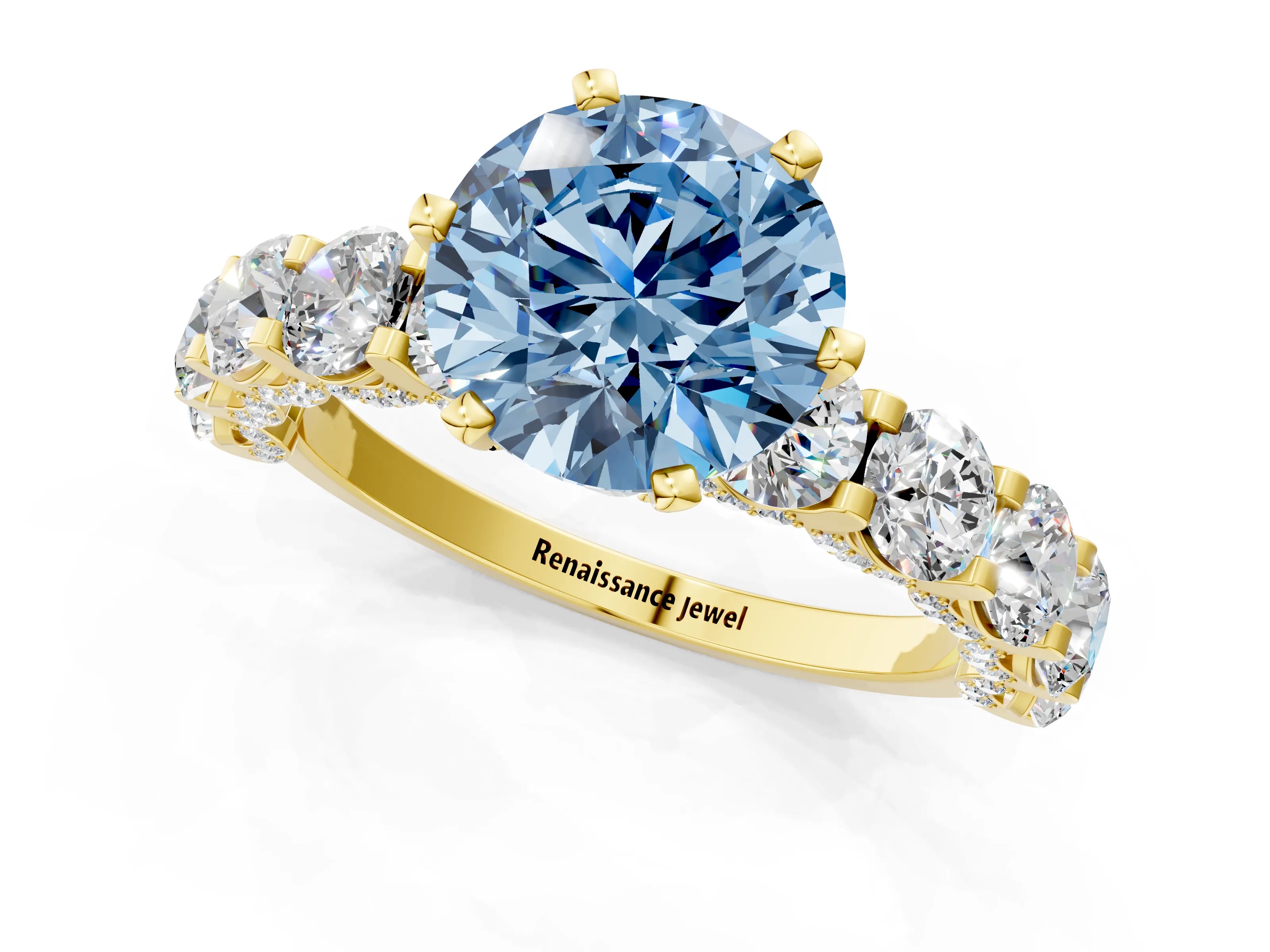 Yellow gold Fancy Blue Round Cut Diamond Side Stone Engagement Ring with Four-Prong Setting_37