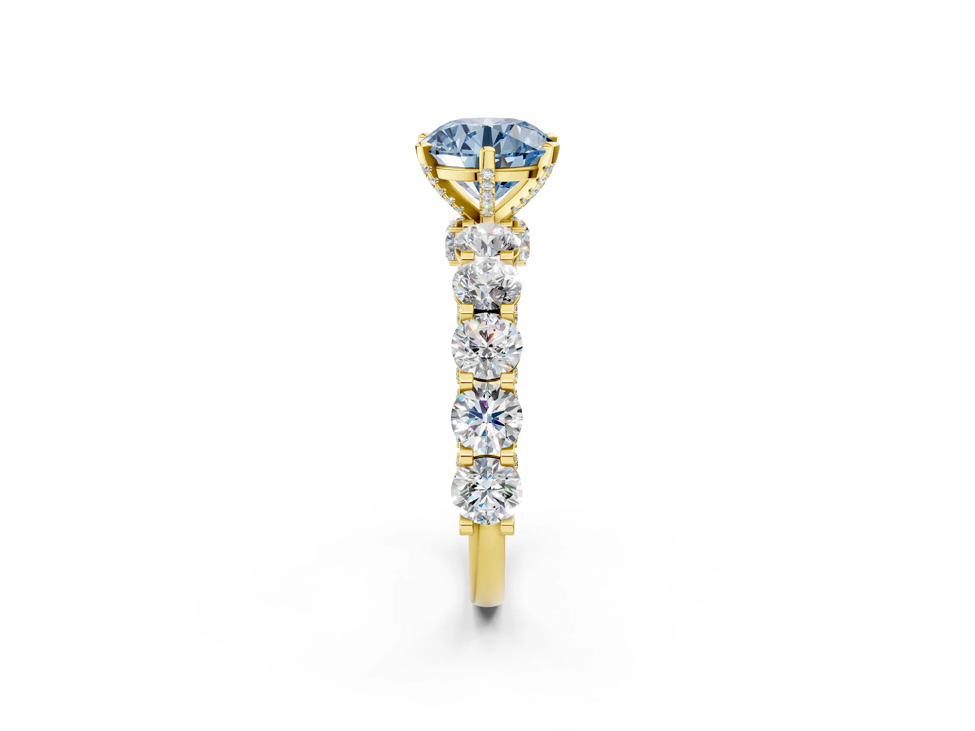 Yellow gold Fancy Blue Round Cut Diamond Side Stone Engagement Ring with Four-Prong Setting_38
