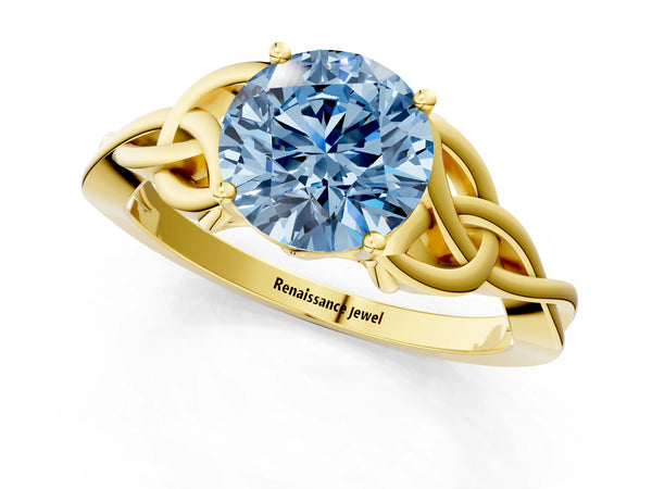 Yellow gold Fancy Blue Round Cut Diamond Solitaire Celtic Knot Ring with Four-Prong Setting