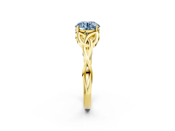 Yellow gold Fancy Blue Round Cut Diamond Solitaire Celtic Knot Ring with Four-Prong Setting