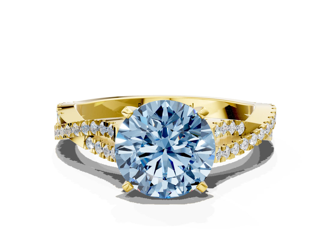 Yellow gold Fancy Blue Round Cut Diamond Solitaire Engagement Ring with Twisted Pavé Band and Four-Prong Setting_120
