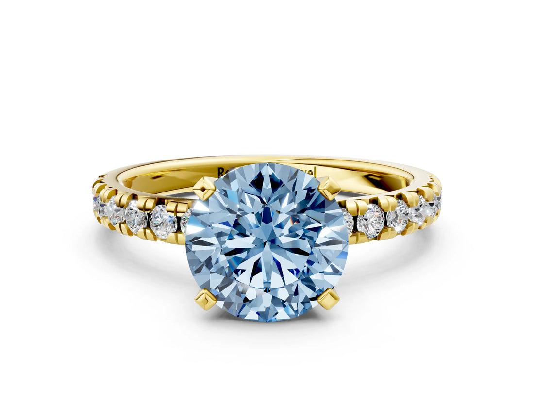 Yellow gold Fancy Blue Round Cut Diamond Solitaire Pavé Engagement Ring with Round Band and Prong Setting_50