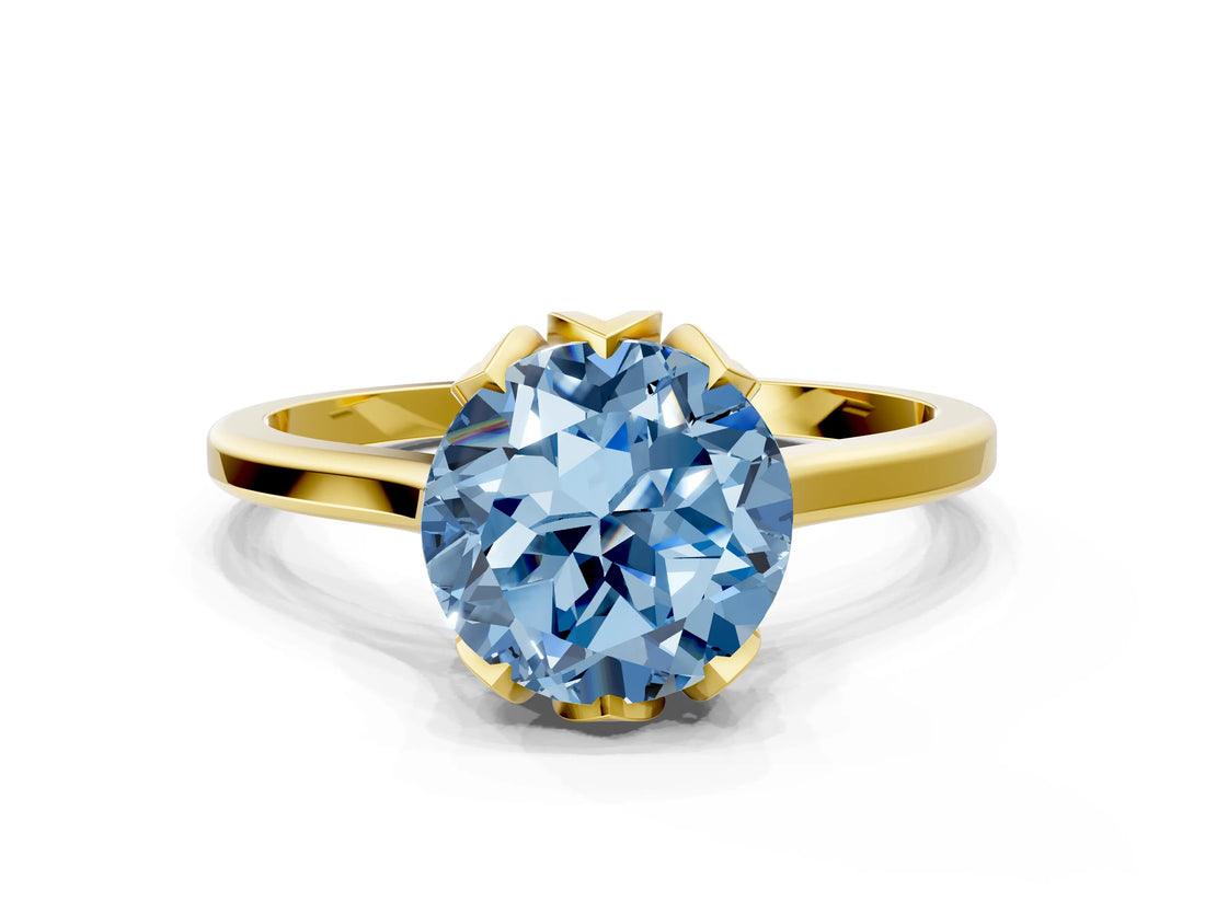 Yellow gold Fancy Blue Round Cut Diamond Solitaire Ring with Flower Prong Setting and Classic Band_116