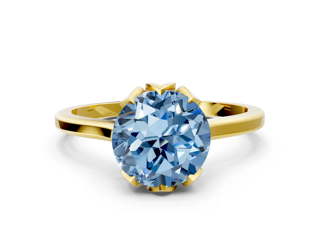 Yellow gold Fancy Blue Round Cut Diamond Solitaire Ring with Flower Prong Setting and Classic Band_12