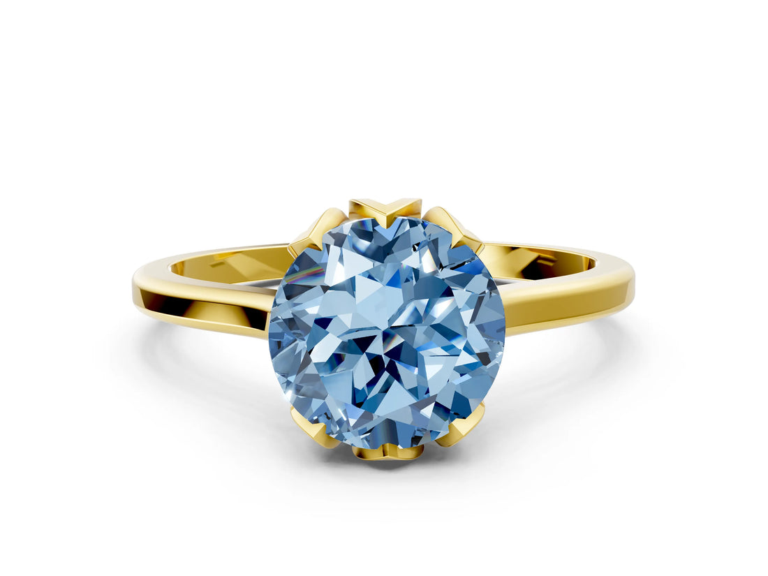 Yellow gold Fancy Blue Round Cut Diamond Solitaire Ring with Flower Prong Setting and Classic Band_36