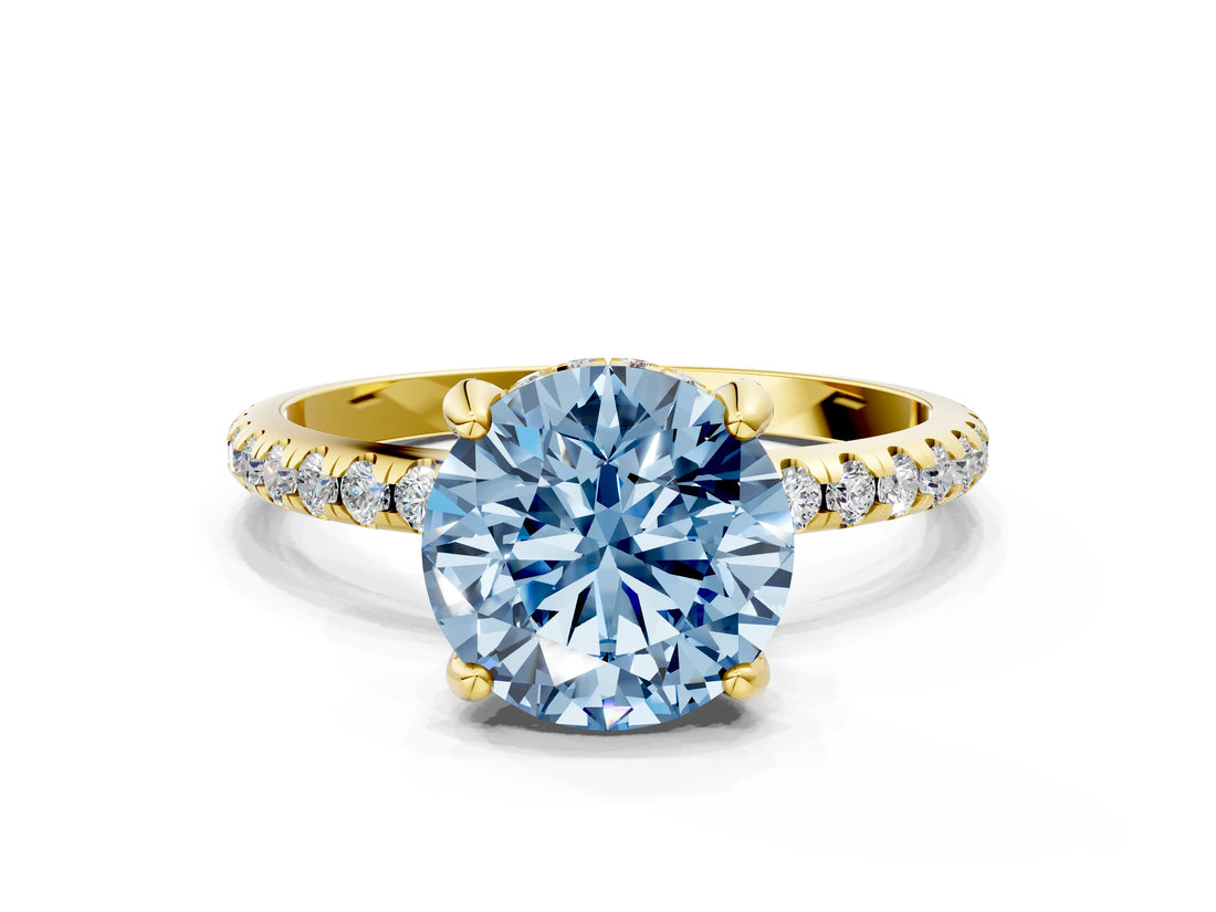 Yellow gold Fancy Blue Round Cut Diamond Solitaire Ring with Four-Prong Setting and Pavé Band_3