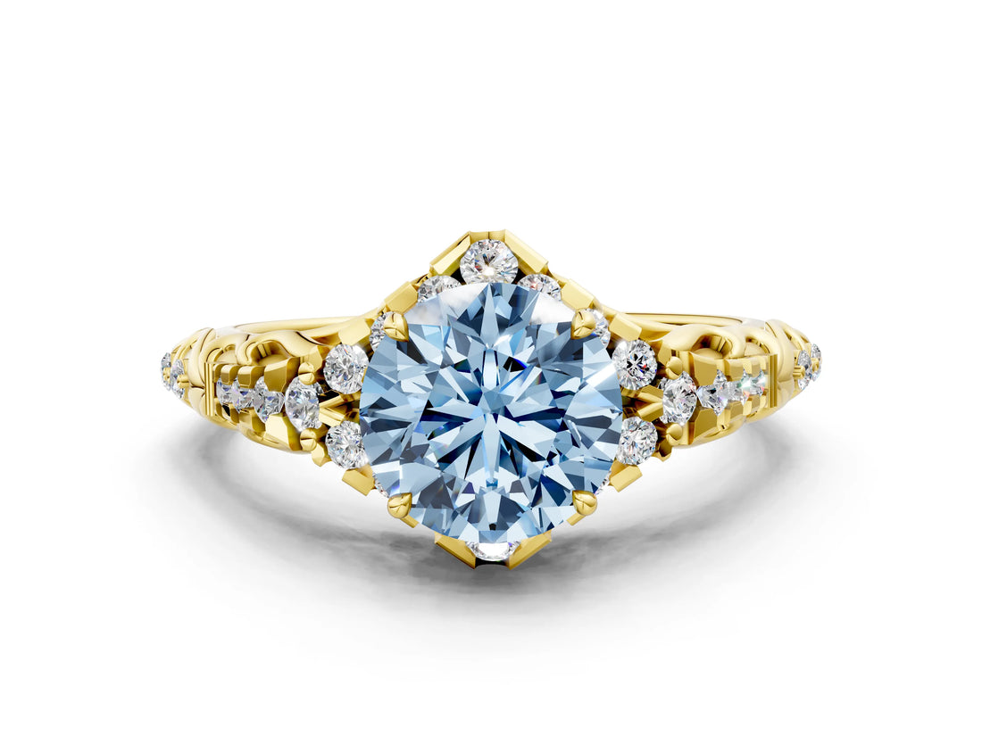 Yellow gold Fancy Blue Round Cut Diamond Solitaire Ring with Hidden Halo and Pavé Band_27