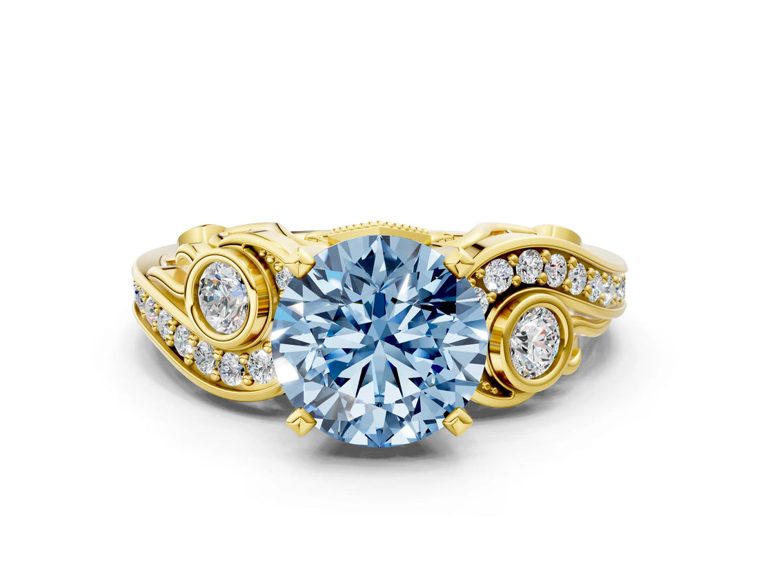 Yellow gold Fancy Blue Round Cut Diamond Solitaire Ring with Milgrain Pavé Band and Four-Prong Setting_171