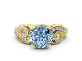 Yellow gold Fancy Blue Round Cut Diamond Solitaire Ring with Milgrain Pavé Band and Four-Prong Setting_171