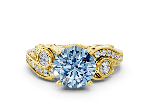Yellow gold Fancy Blue Round Cut Diamond Solitaire Ring with Milgrain Pavé Band and Four-Prong Setting