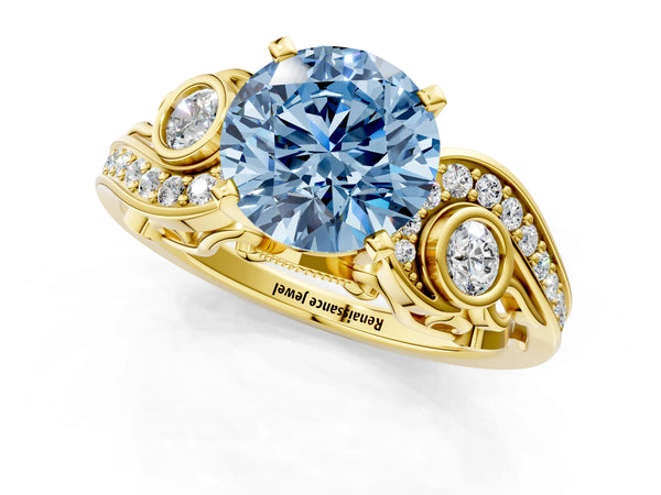Yellow gold Fancy Blue Round Cut Diamond Solitaire Ring with Milgrain Pavé Band and Four-Prong Setting