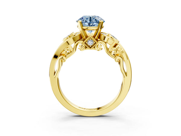 Yellow gold Fancy Blue Round Cut Diamond Solitaire Ring with Milgrain Pavé Band and Four-Prong Setting