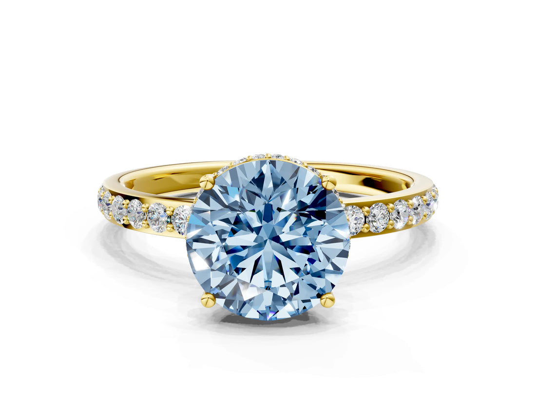 Yellow gold Fancy Blue Round Cut Diamond Solitaire Ring with Pavé Band and Hidden Halo_19