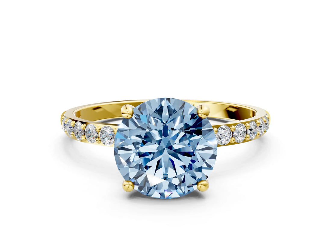 Yellow gold Fancy Blue Round Cut Diamond Solitaire Ring with Pave Band and Four Prong Setting_72
