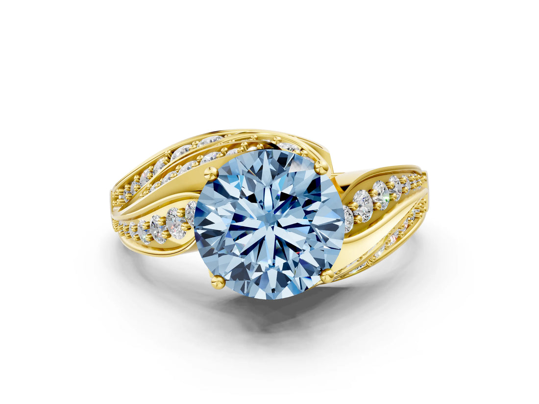 Yellow gold Fancy Blue Round Cut Diamond Solitaire Ring with Prong Setting and Twisted Pavé Band