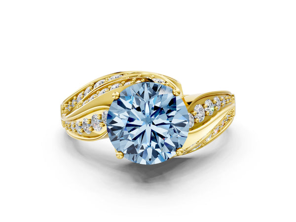 Yellow gold Fancy Blue Round Cut Diamond Solitaire Ring with Prong Setting and Twisted Pavé Band
