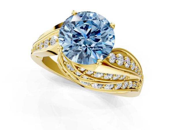Yellow gold Fancy Blue Round Cut Diamond Solitaire Ring with Prong Setting and Twisted Pavé Band