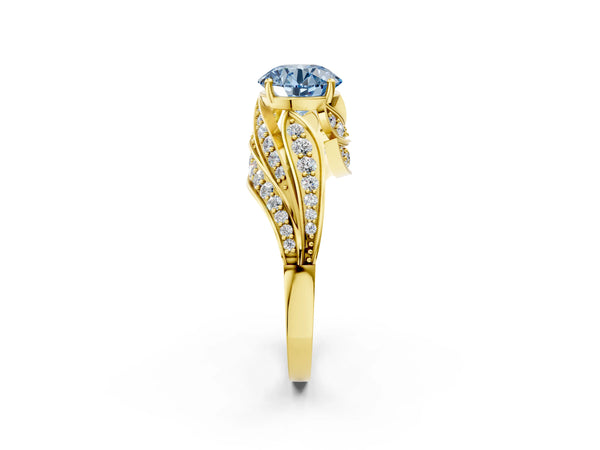 Yellow gold Fancy Blue Round Cut Diamond Solitaire Ring with Prong Setting and Twisted Pavé Band