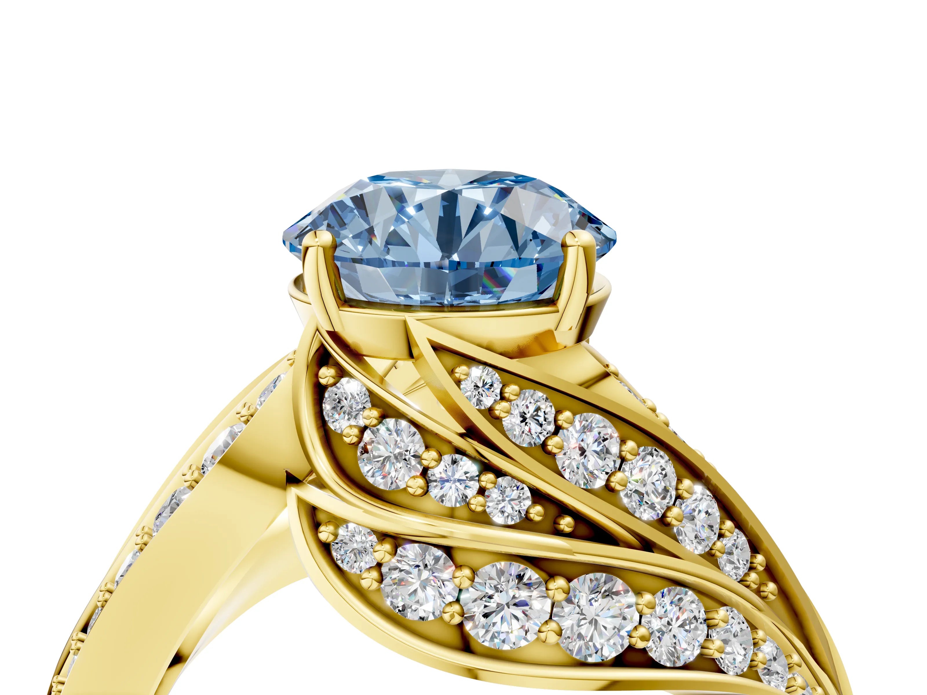 Yellow gold Fancy Blue Round Cut Diamond Solitaire Ring with Prong Setting and Twisted Pavé Band_4
