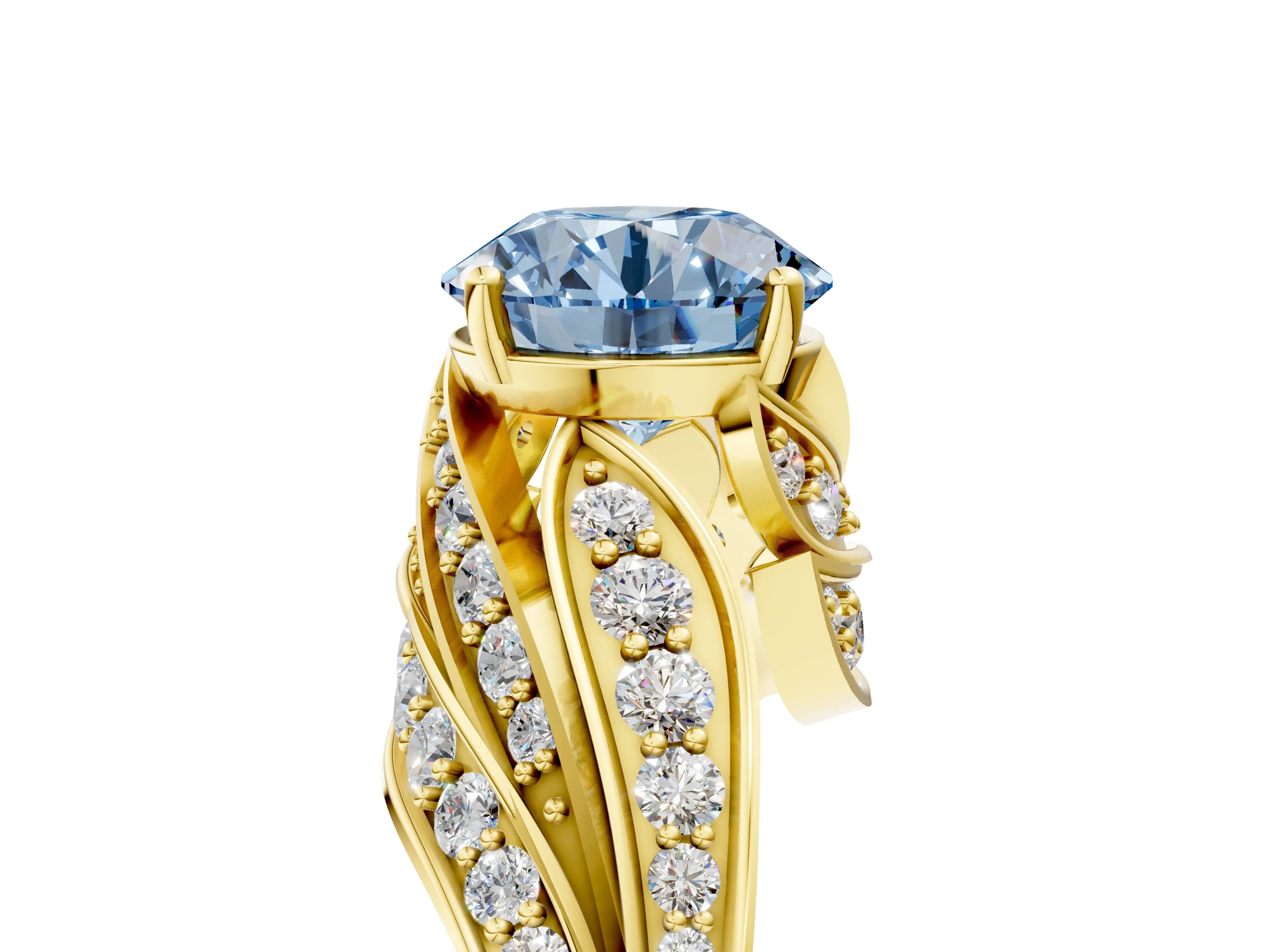 Yellow gold Fancy Blue Round Cut Diamond Solitaire Ring with Prong Setting and Twisted Pavé Band_5