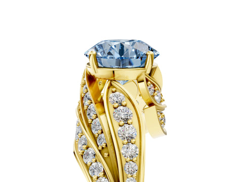 Yellow gold Fancy Blue Round Cut Diamond Solitaire Ring with Prong Setting and Twisted Pavé Band_5