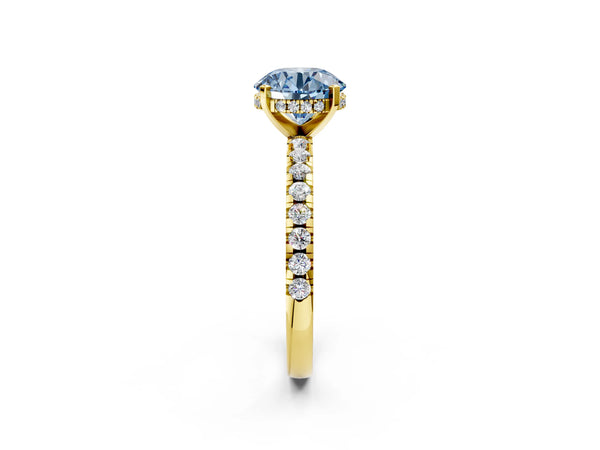 Yellow Gold Round Hidden Halo Solitaire Engagement Ring Setting for Fancy Blue Center with Single Row Pave Band