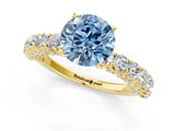 Yellow gold Fancy Blue Round Cut Diamond Solitaire Ring with Shared Prong Pavé Band and Four-Prong Setting_58