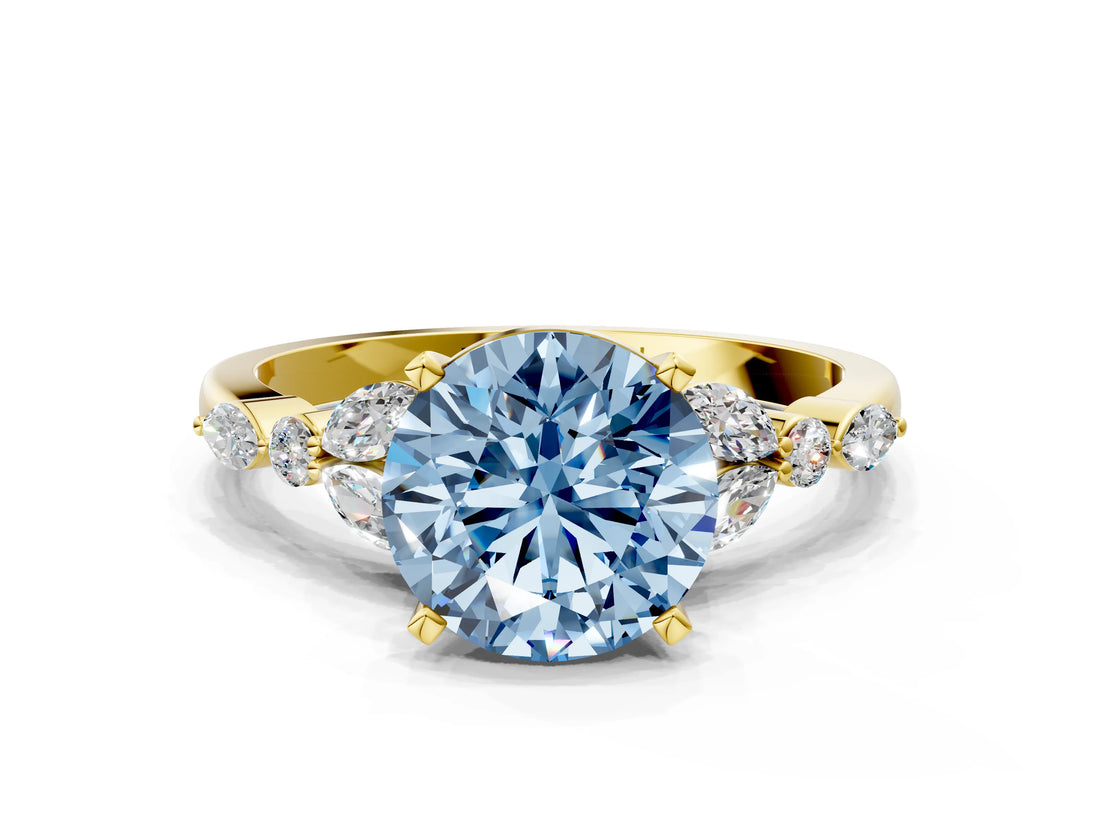 Yellow gold Fancy Blue Round Cut Diamond Solitaire Ring with Side Stones and Four-Prong Setting_51