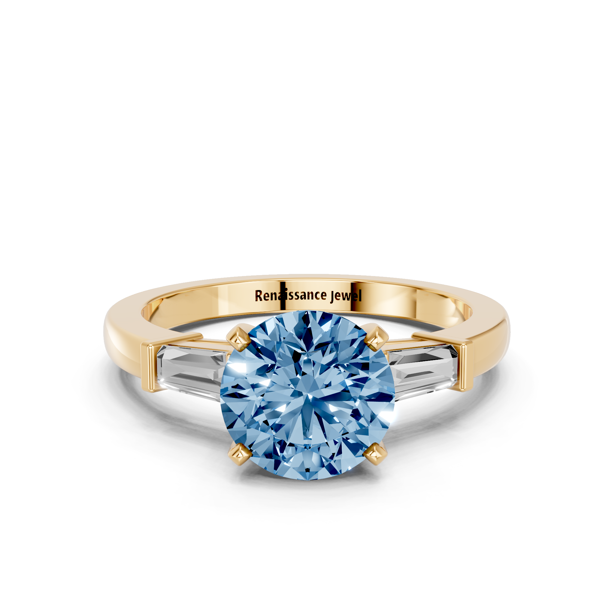 Yellow gold Fancy Blue Round  Cut Diamond Solitaire Ring with Tapered Baguette Accents and Four-Prong Setting_2