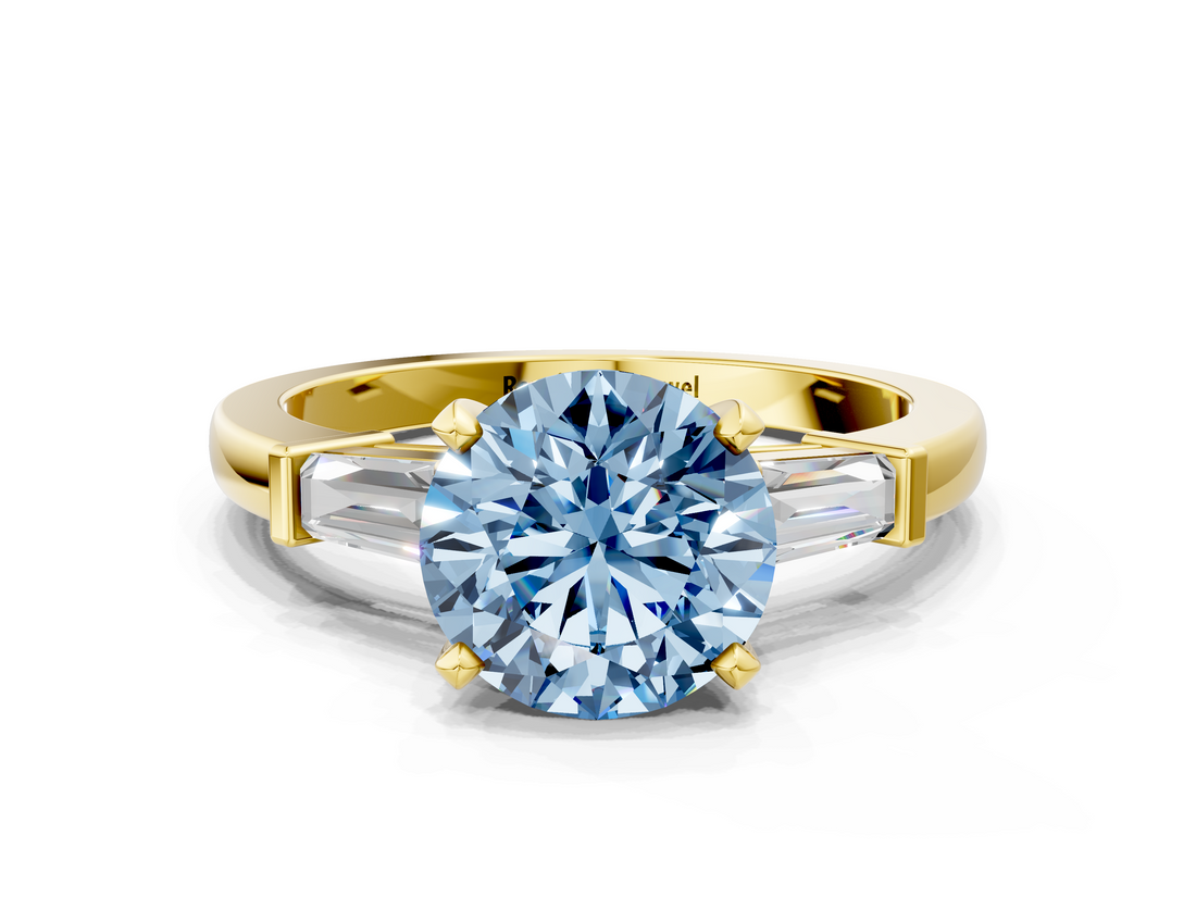 Yellow gold Fancy Blue Round  Cut Diamond Solitaire Ring with Tapered Baguette Accents and Four-Prong Setting_46