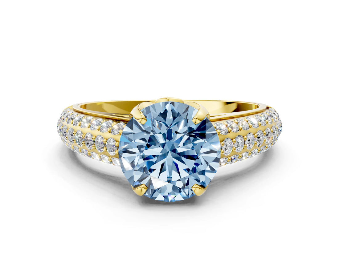 Yellow gold Fancy Blue Round Cut Diamond Solitaire Ring with Three-Row Pavé Band and Four-Prong Setting_36