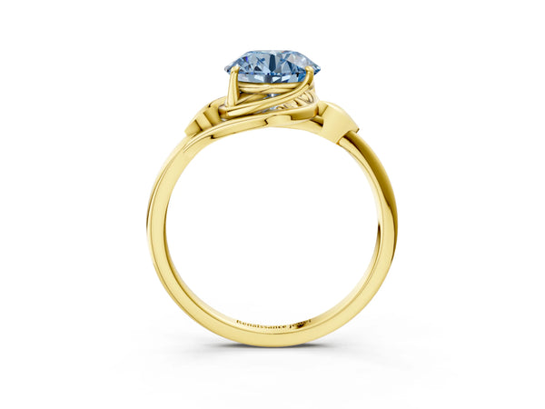 Yellow Gold Round Bypass Solitaire Engagement Ring Setting for Fancy Blue Center with Leaf Shoulders