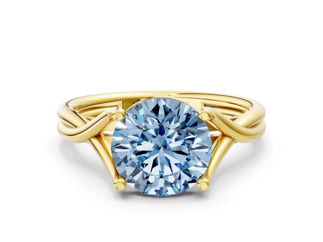 Yellow gold Fancy Blue Round Cut Diamond Solitaire Twist Band Prong Setting Ring_67