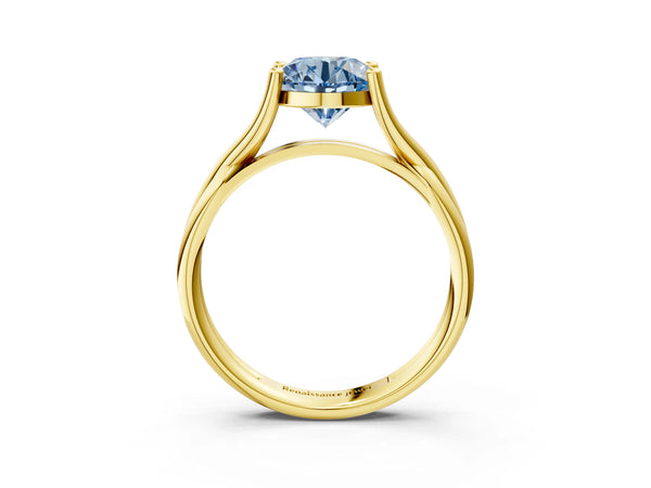 Yellow gold Fancy Blue Round Cut Diamond Solitaire Twist Band Prong Setting Ring