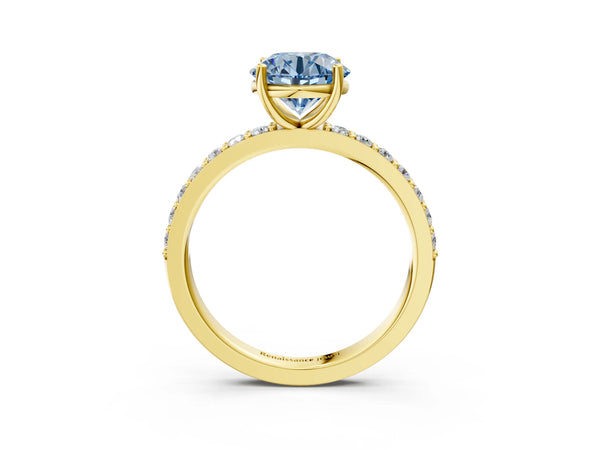 Yellow gold Fancy Blue Round  Cut Diamond Solitaire with Pave Band and Four-Prong Setting