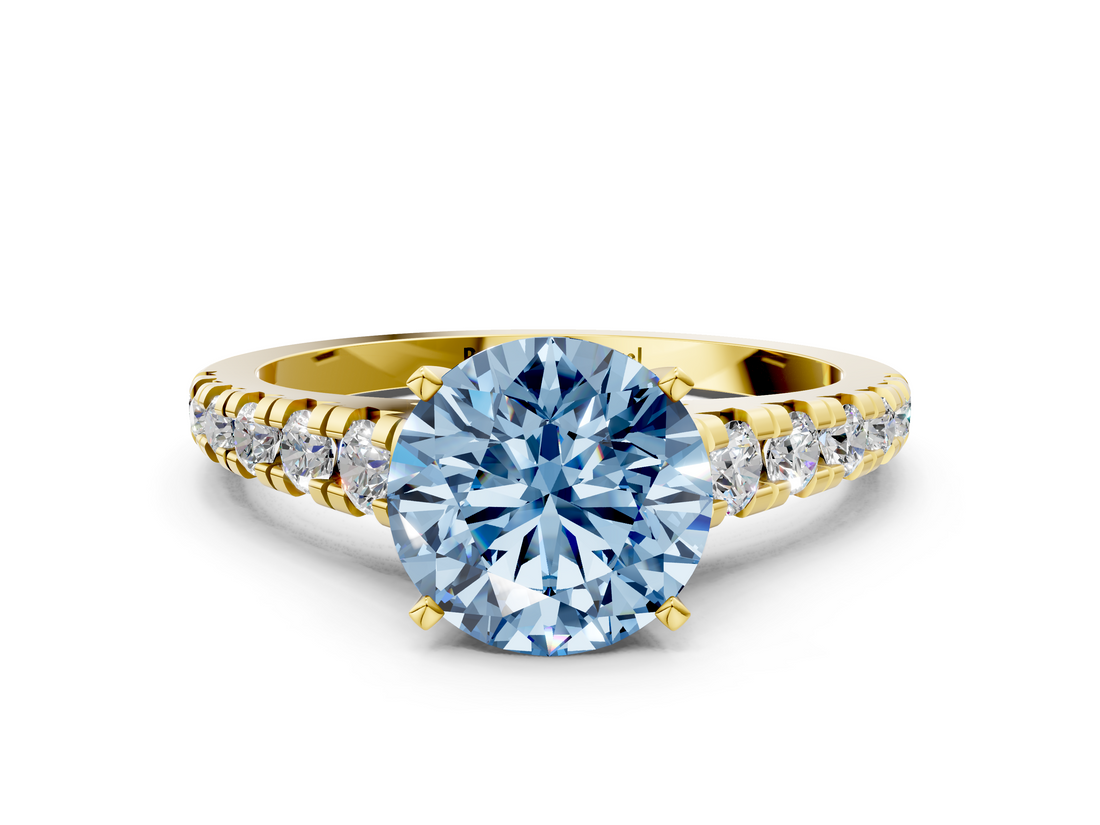 Yellow gold Fancy Blue Round  Cut Diamond Solitaire with Pave Band and Four-Prong Setting_148